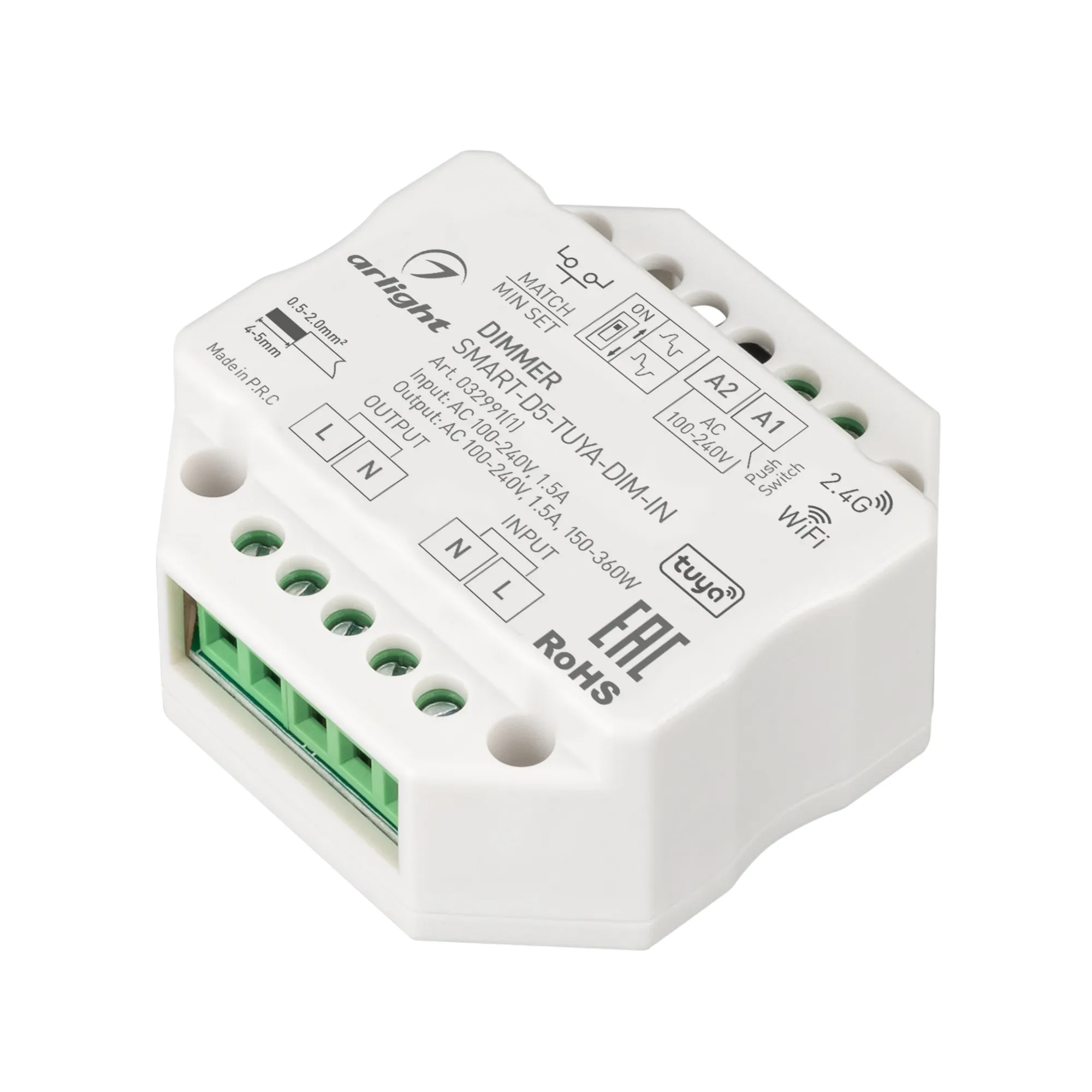 Диммер SMART-D5-TUYA-DIM-IN (230V, 1.5A, TRIAC, WiFi, 2.4G) (Arlight, IP20 Пластик, 5 лет) - изображение товара